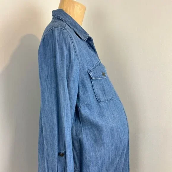 Motherhood Maternity Small Blue Denim Button Down Knee Length Dress Pregnancy - Picture 3 of 15